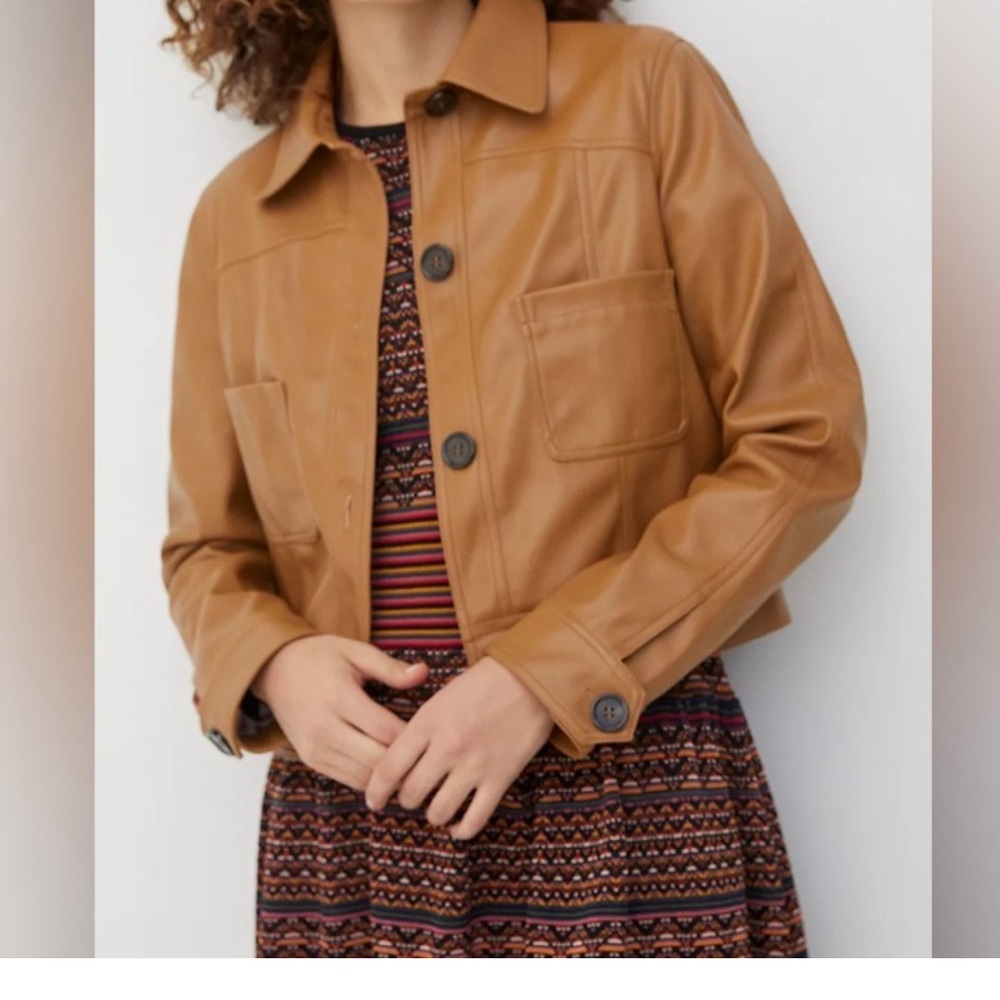 NWT Anthropologie Camel Short Button Front Vegan Leather Jacket w Chest Pockets